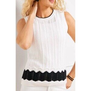 Talbots White & Black Crochet Blocked Crewneck Tank Sweater Sz Lp